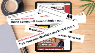 Boulevard-Schlagzeilen von Online-Nachrichtenseiten vor einem grauen Hintergrund